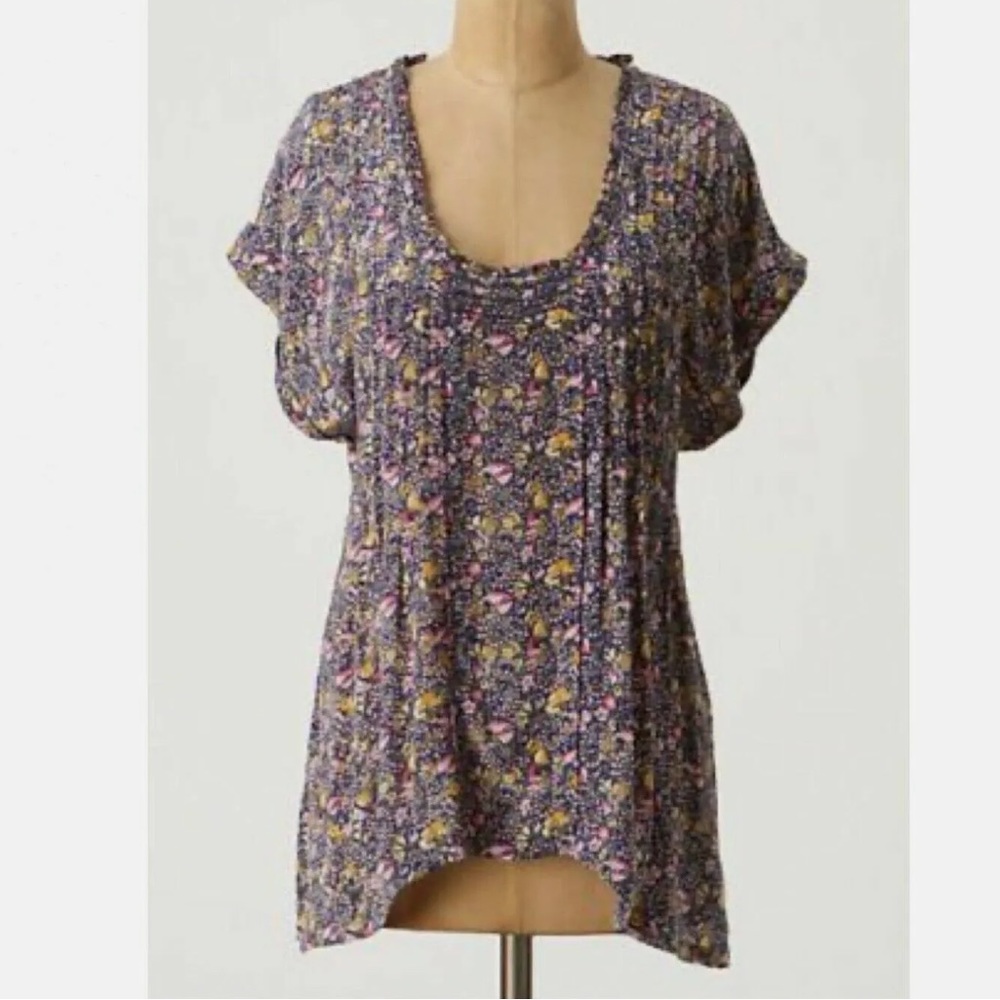 Anthropologie Lil‎ Sudden Downpour 100% silk tunic top floral boho ladies size L